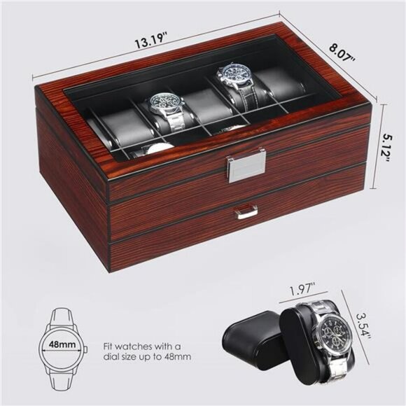 BEWISHOME Watch Box Organizer 12 Slot Glass Top Jewelry Drawer for Men - Picture 7 of 8